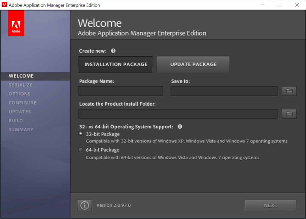Adobe Application Manager Enterprise Edition Create new installation package