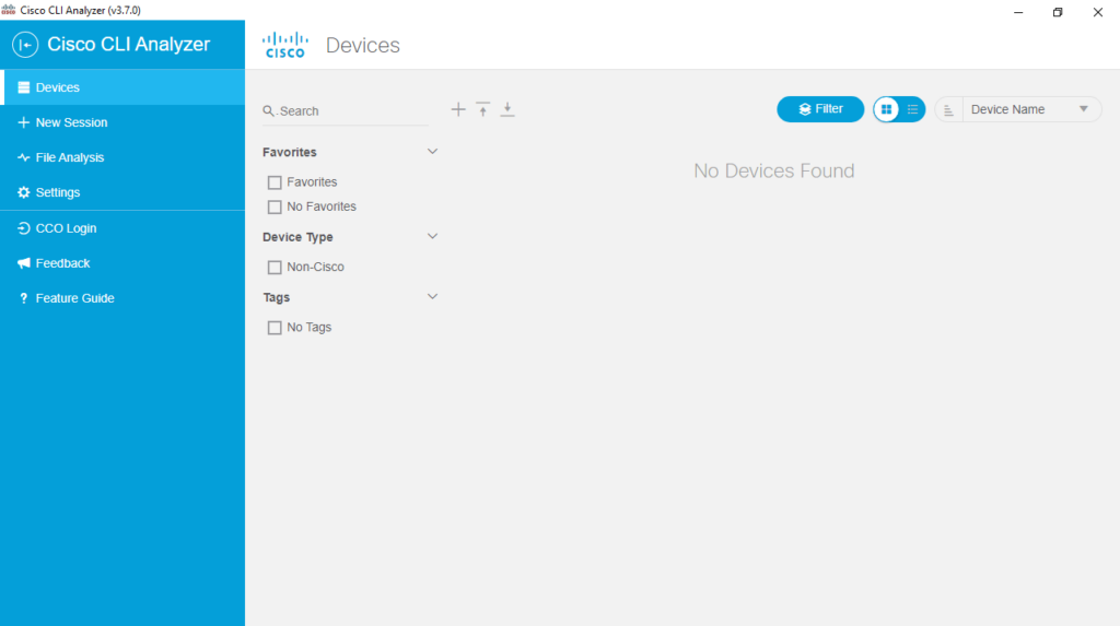 Cisco CLI Analyzer Devices tab