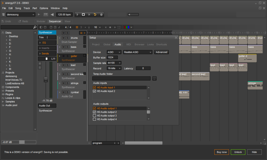 energyXT Audio configuration