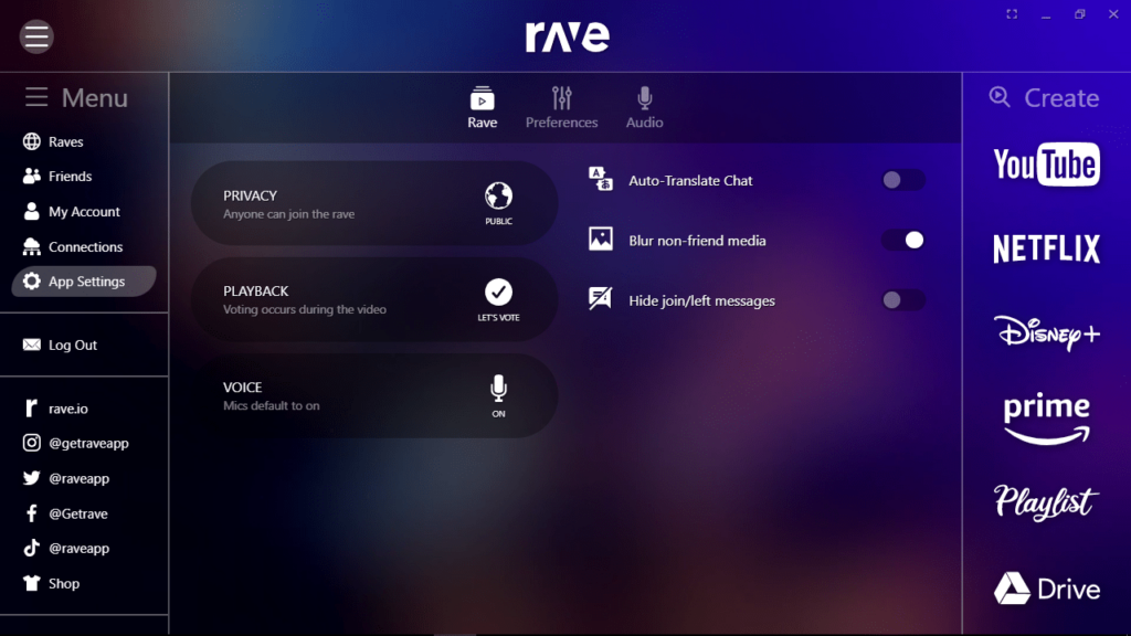 Rave App settings