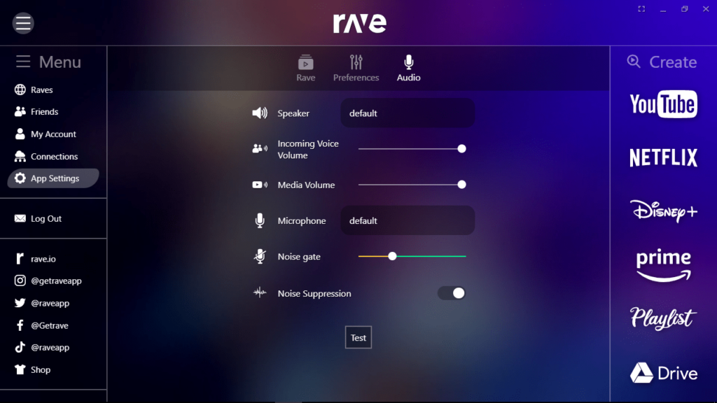 Rave Audio settings