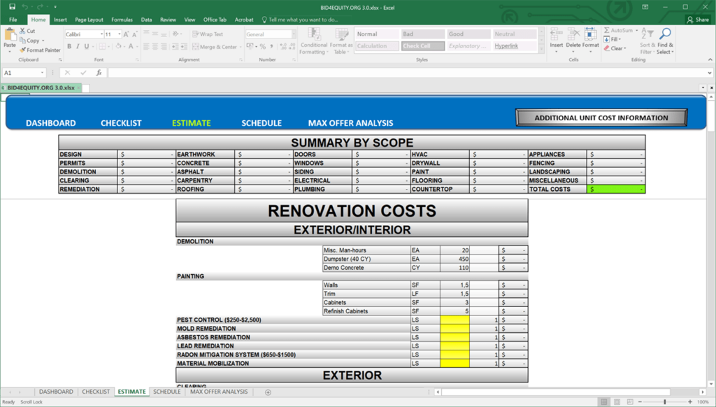 Real Estate Investing Software Renovation costs