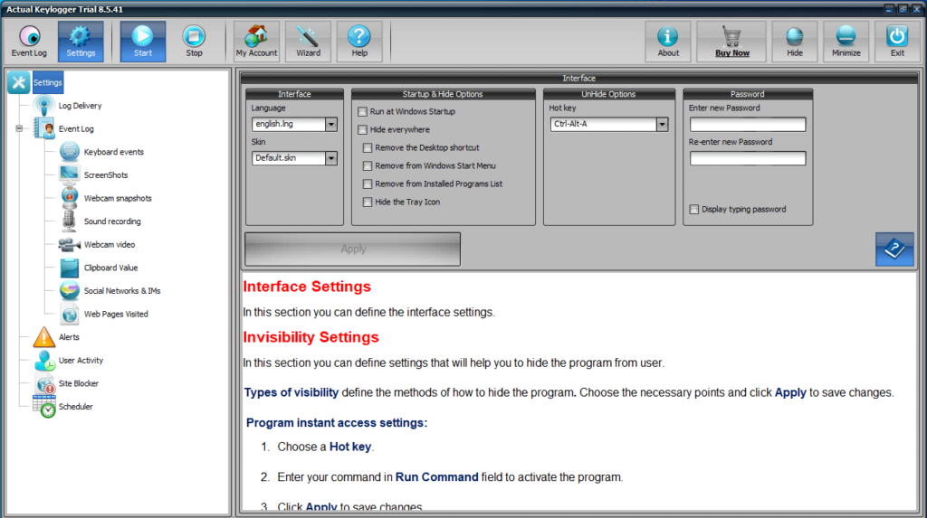 Actual Keylogger Invisibility settings