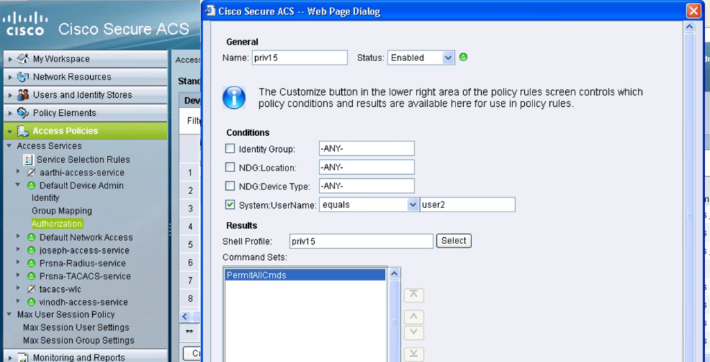 Cisco Secure Access Control System Policy settings