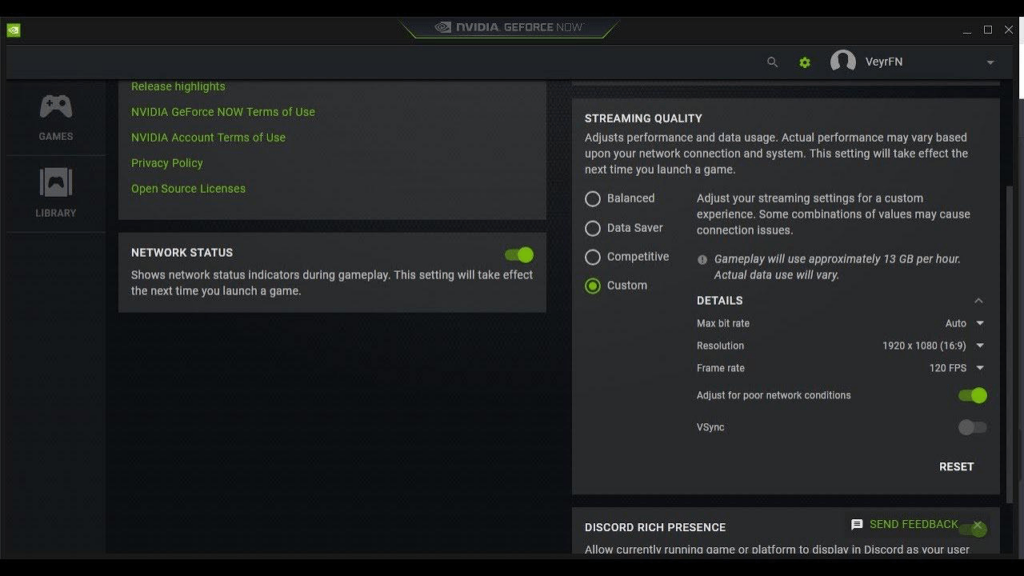 NVIDIA GeForce NOW Streaming quality settings