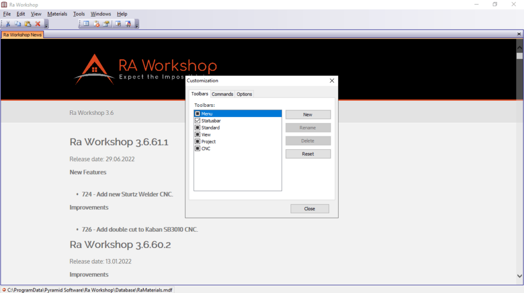Ra Workshop Customize toolbars