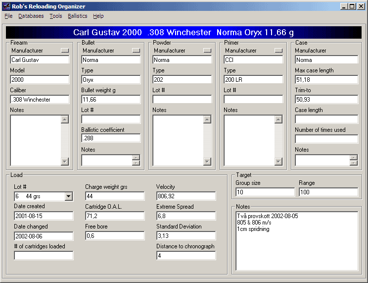 Robs Reloading Organizer Main interface