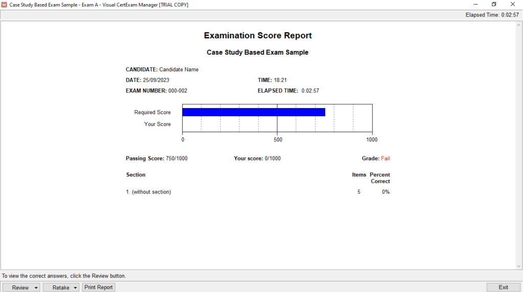 Visual CertExam Manager Score report