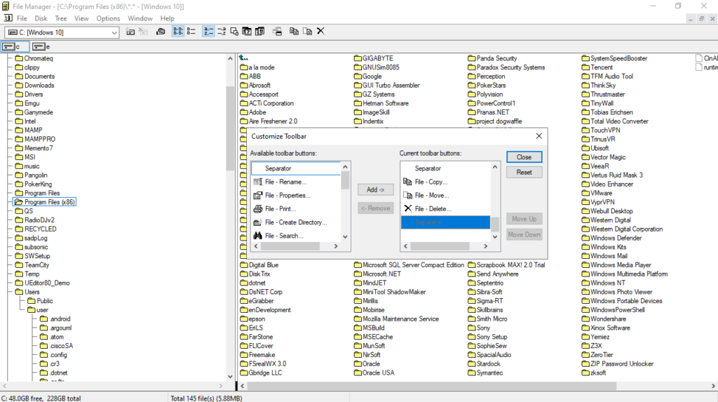 Windows File Manager Customize toolbar