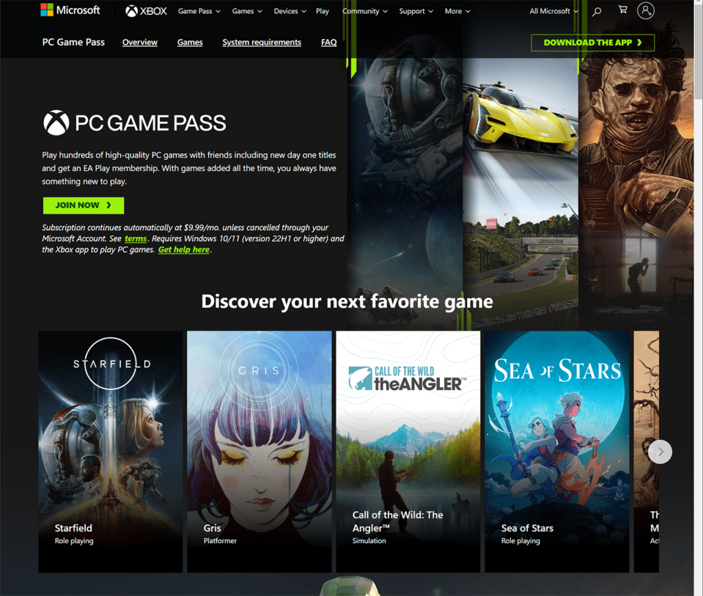 Xbox Game Pass Welcome page