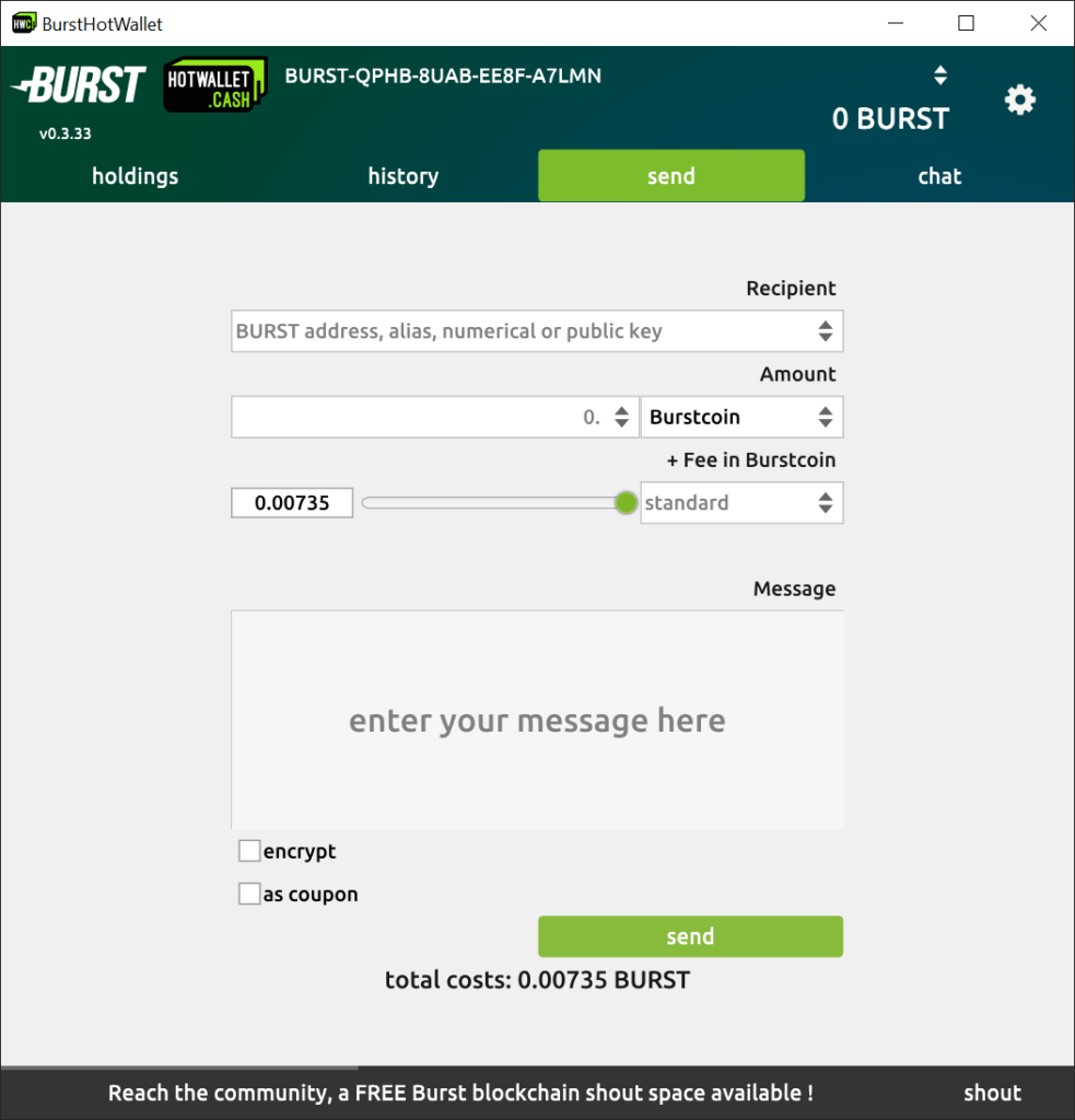 Burstcoin Wallet Sending interface