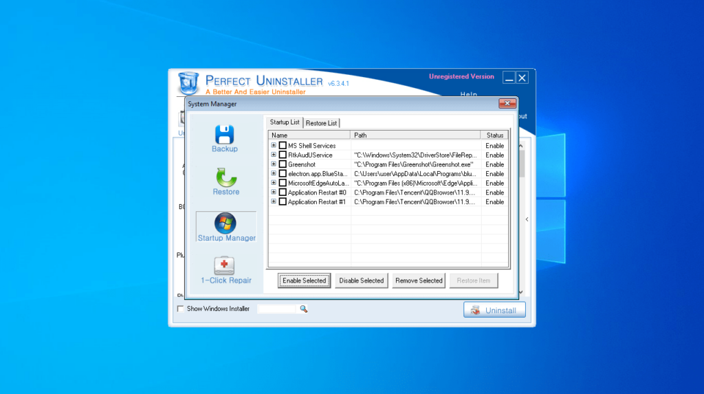 Perfect Uninstaller Startup manager