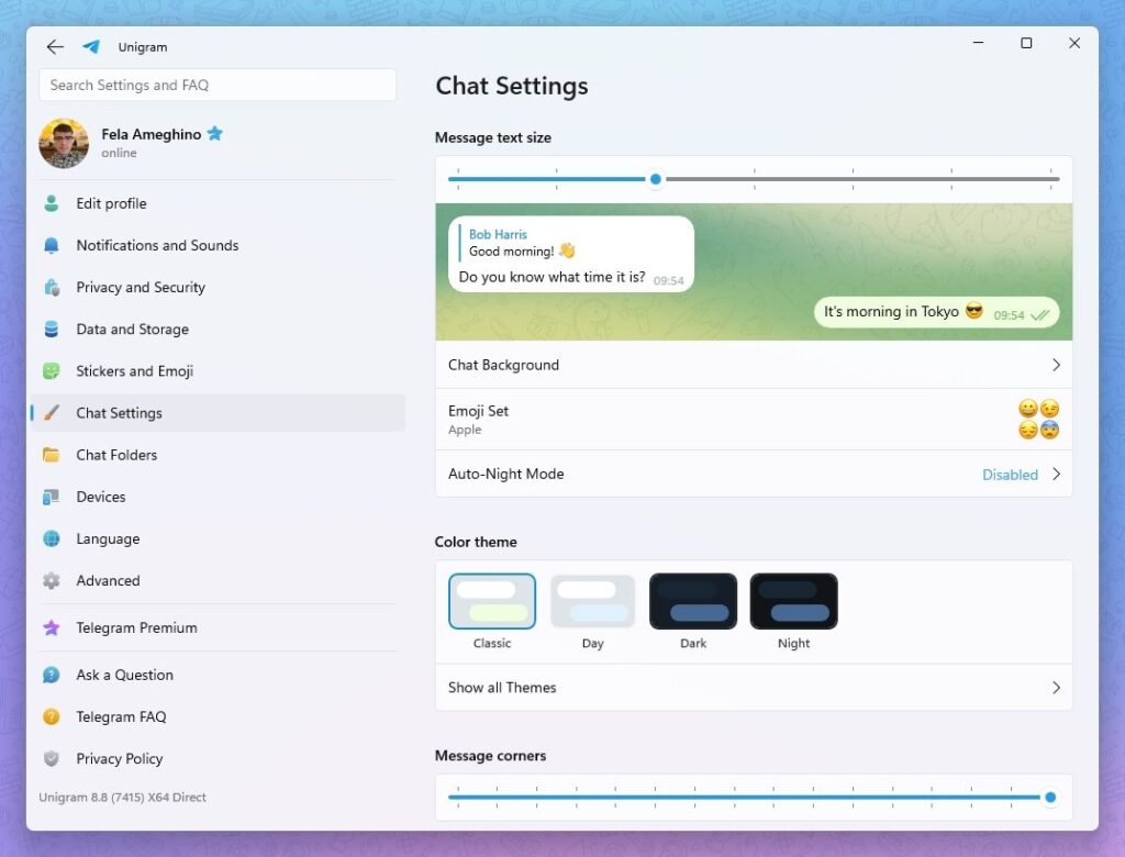 Unigram Chat settings