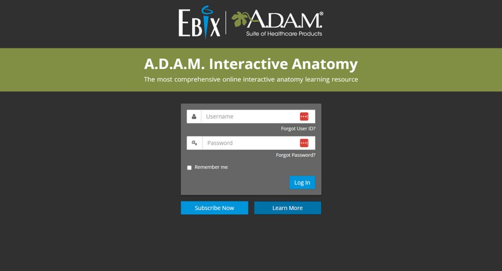 ADAM Interactive Anatomy Login screen