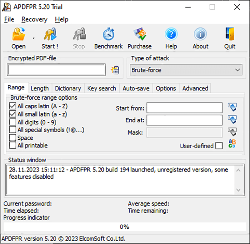 Advanced PDF Password Recovery Brute force parameters