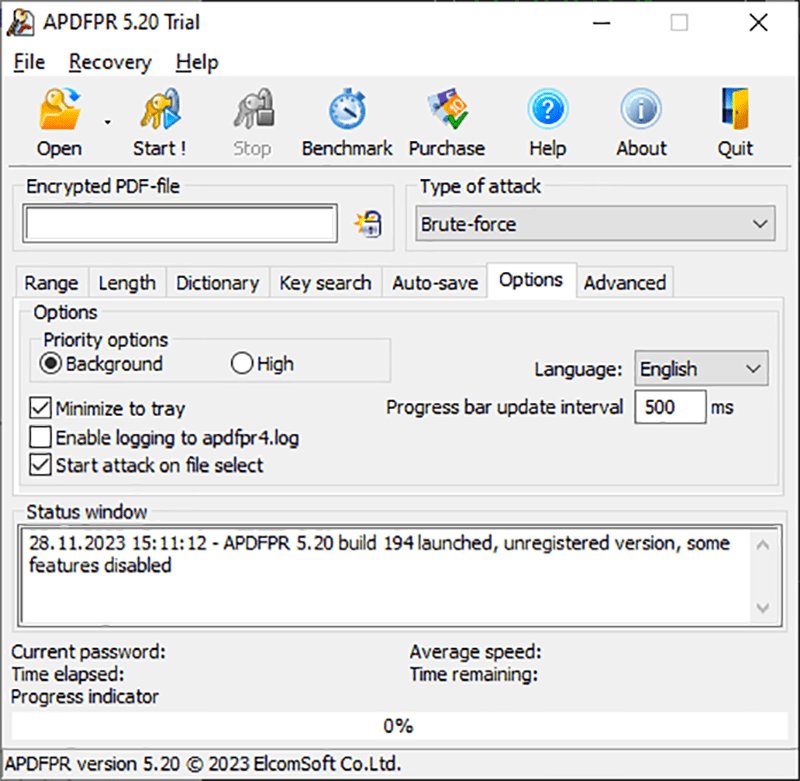 Advanced PDF Password Recovery General options