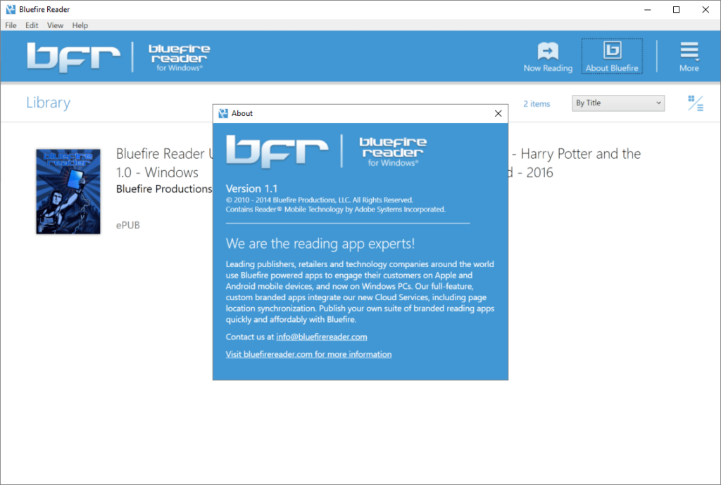 Bluefire Reader About screen