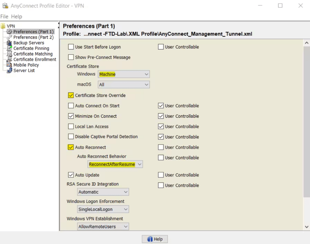 Cisco AnyConnect Profile Editor Profile preferences