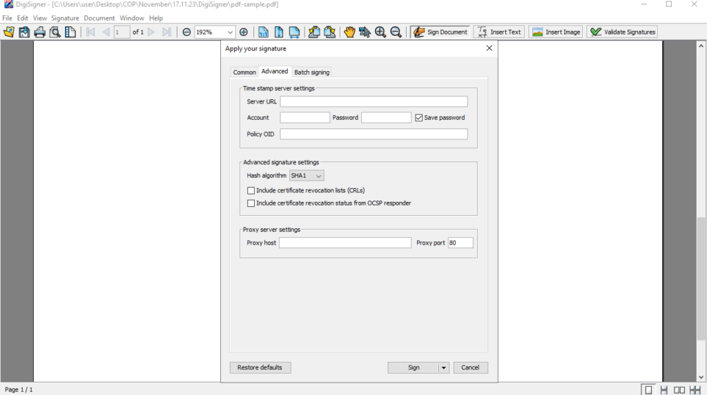 DigiSigner Advanced settings