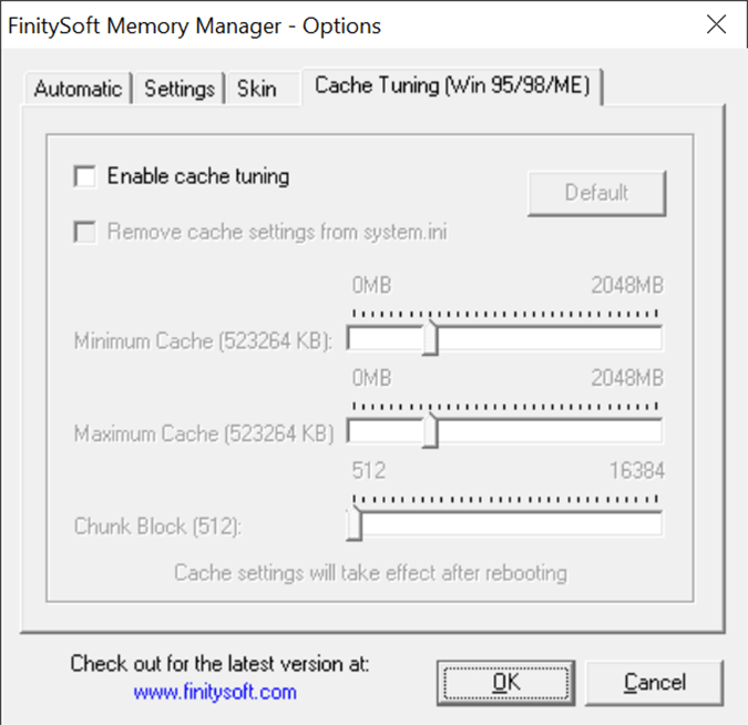 FinitySoft Memory Manager Cache settings