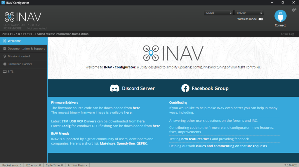 INAV Configurator Welcome page