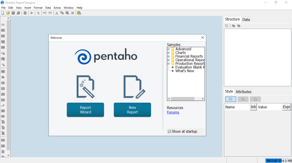 Pentaho Report Designer Welcome page