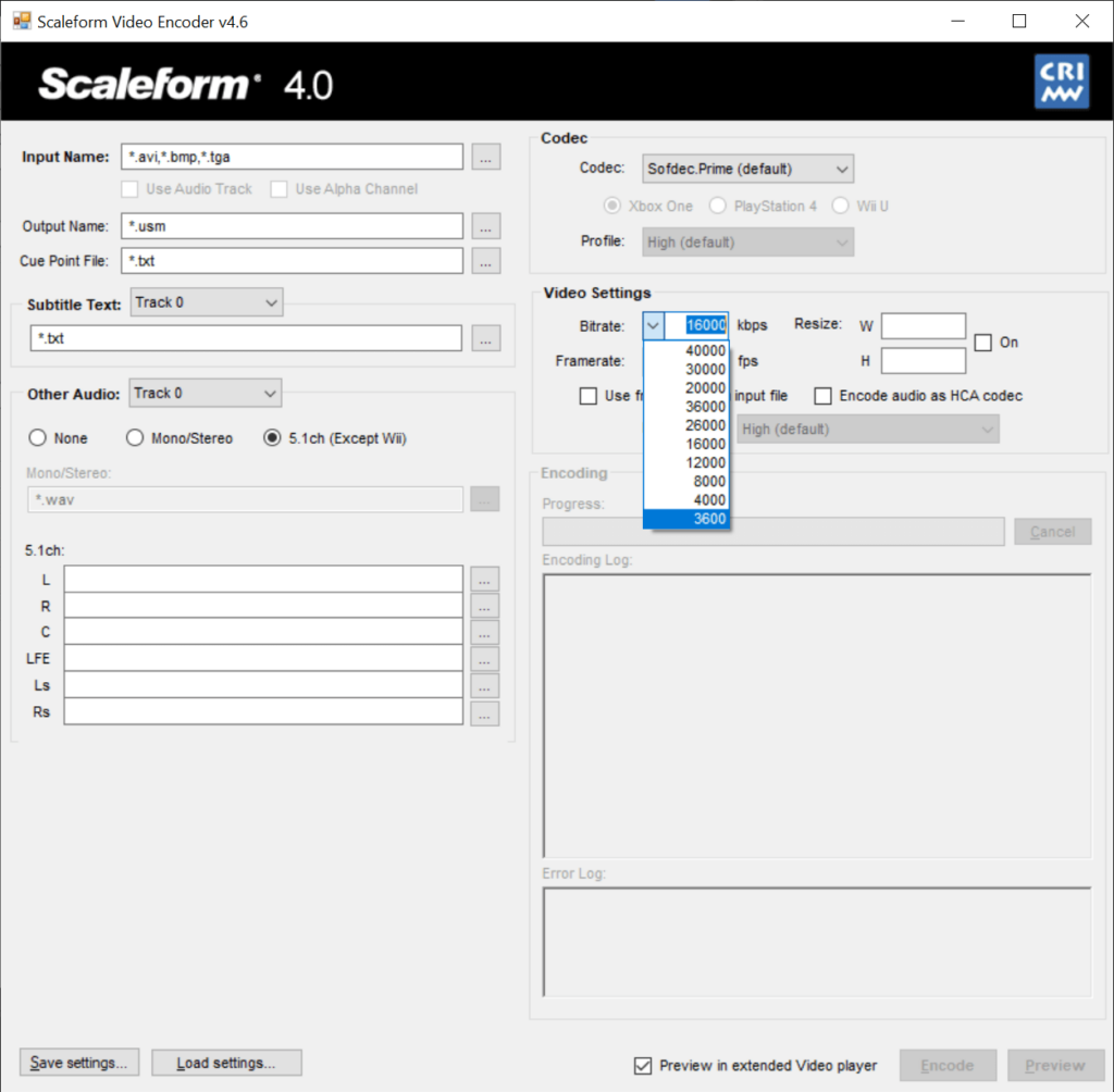 Scaleform VideoEncoder Available bitrate options