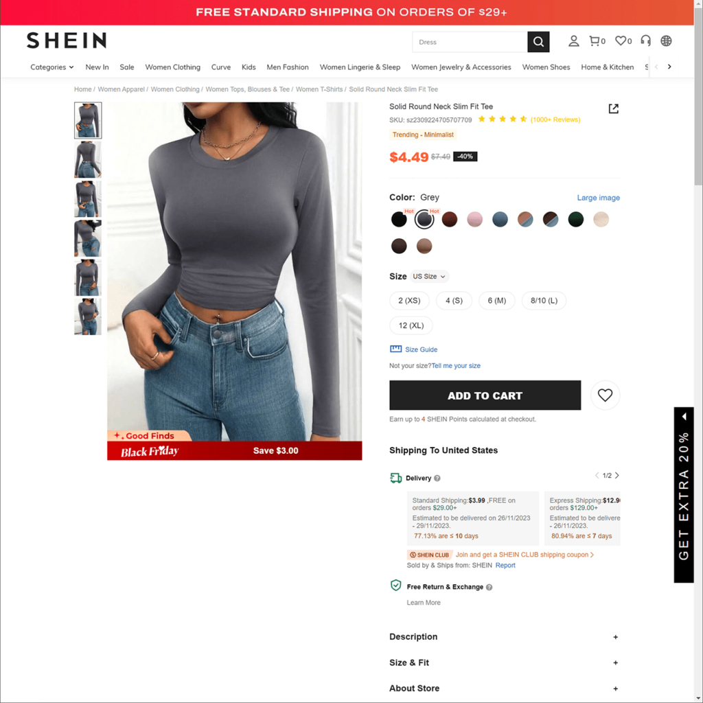 Shein Product page