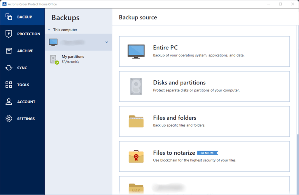 Acronis Cyber Protect Home Office Backup source selection