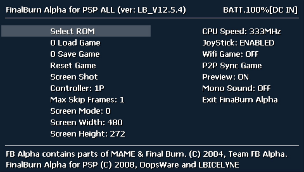 FBA4PSP Emulator parameters