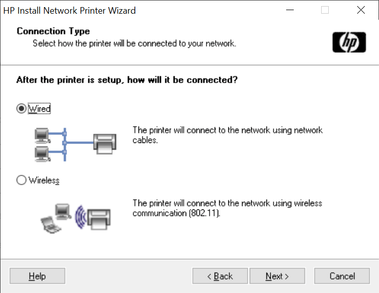 HP Install Network Printer Wizard Connection type