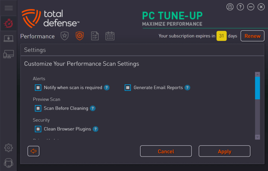 PC Tune Up Customize settings