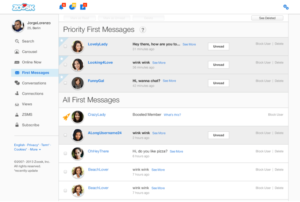 Zoosk Messenger Private messages