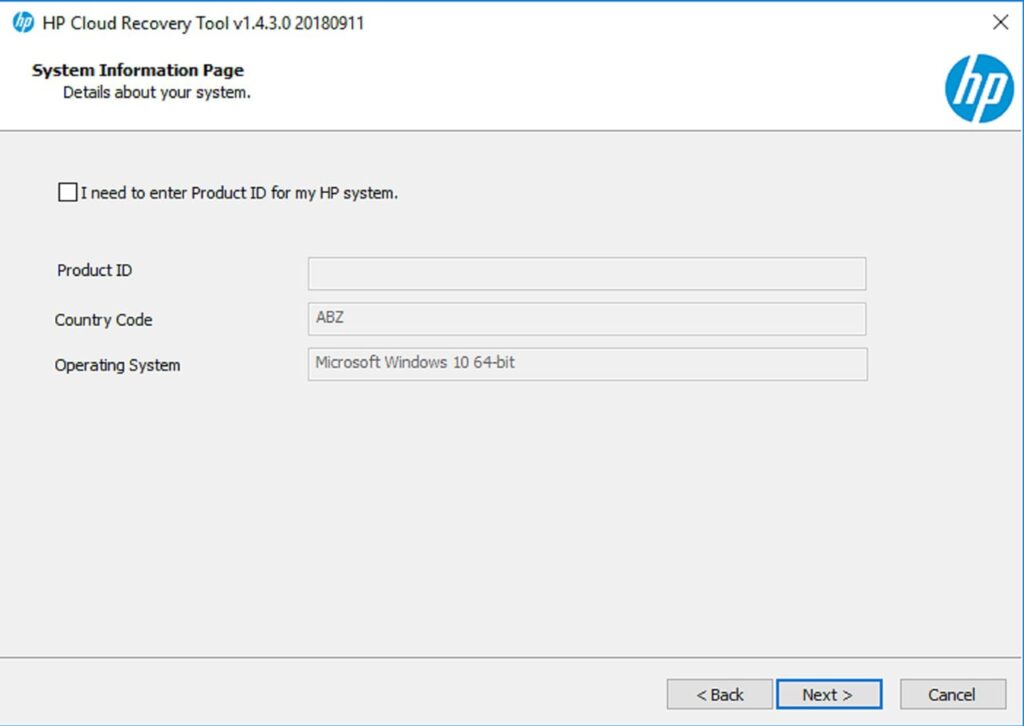 HP Cloud Recovery Tool System details