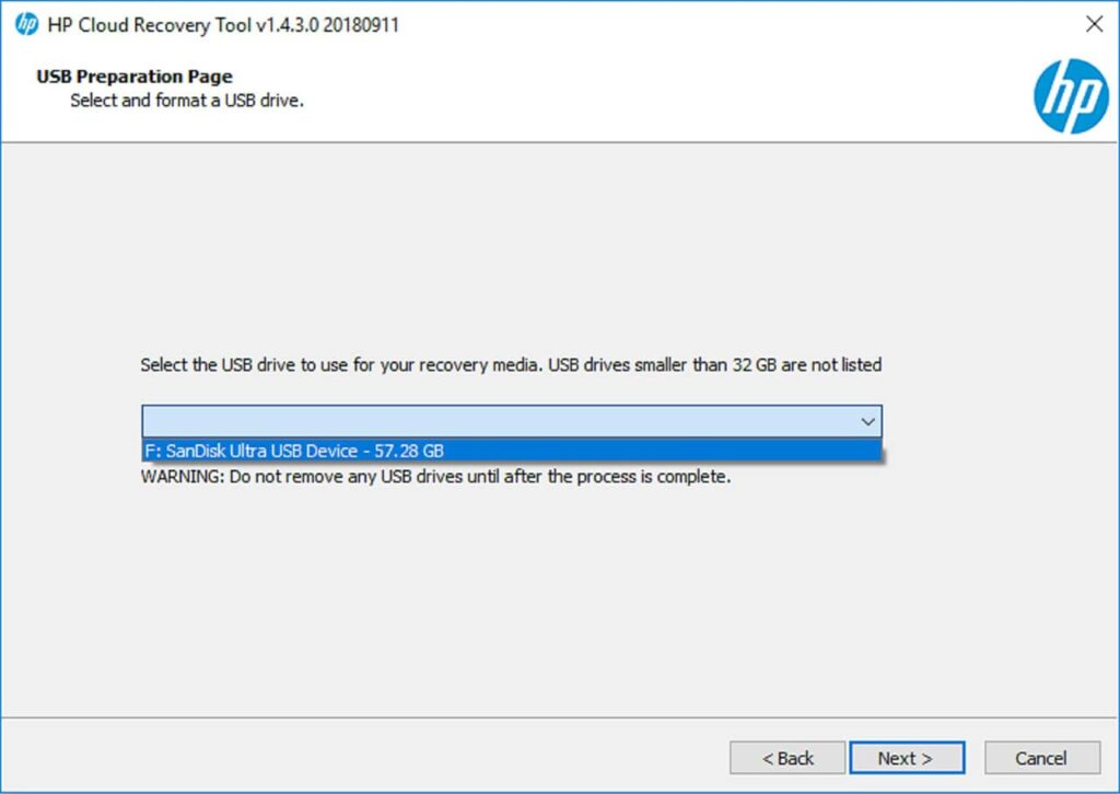 HP Cloud Recovery Tool Target drive selection