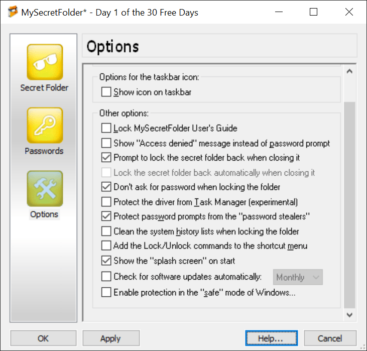 MySecretFolder Advanced options