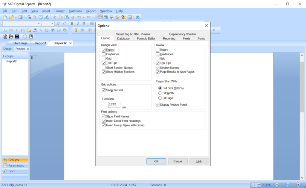 Crystal Reports Layout options