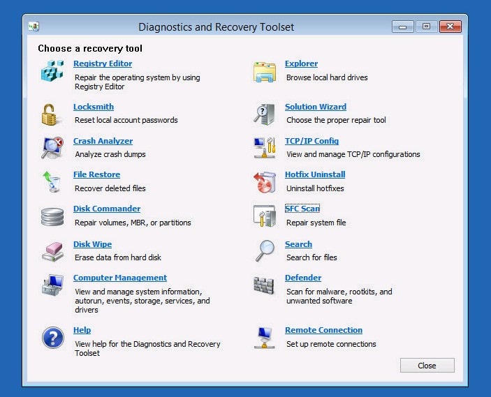 Diagnostics and Recovery Toolset Choose a recovery tool