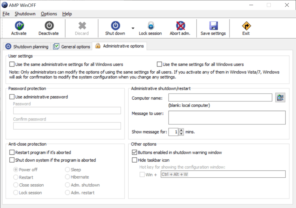 AMP WinOFF Administrative options