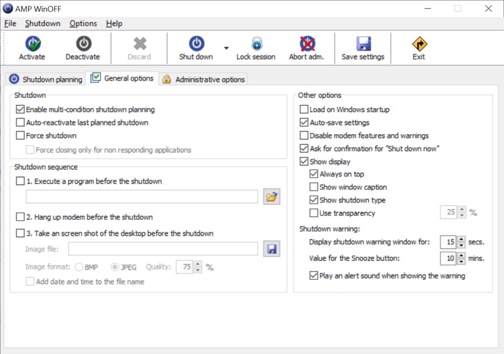 AMP WinOFF General preferences