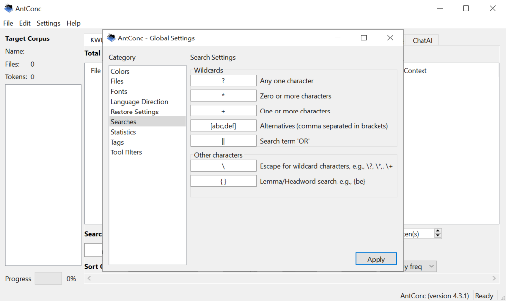 AntConc Search settings