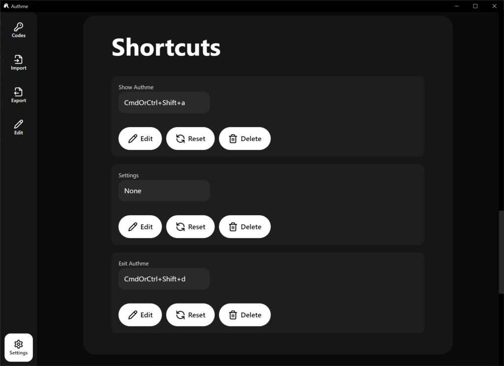 Authme Keyboard shortcuts