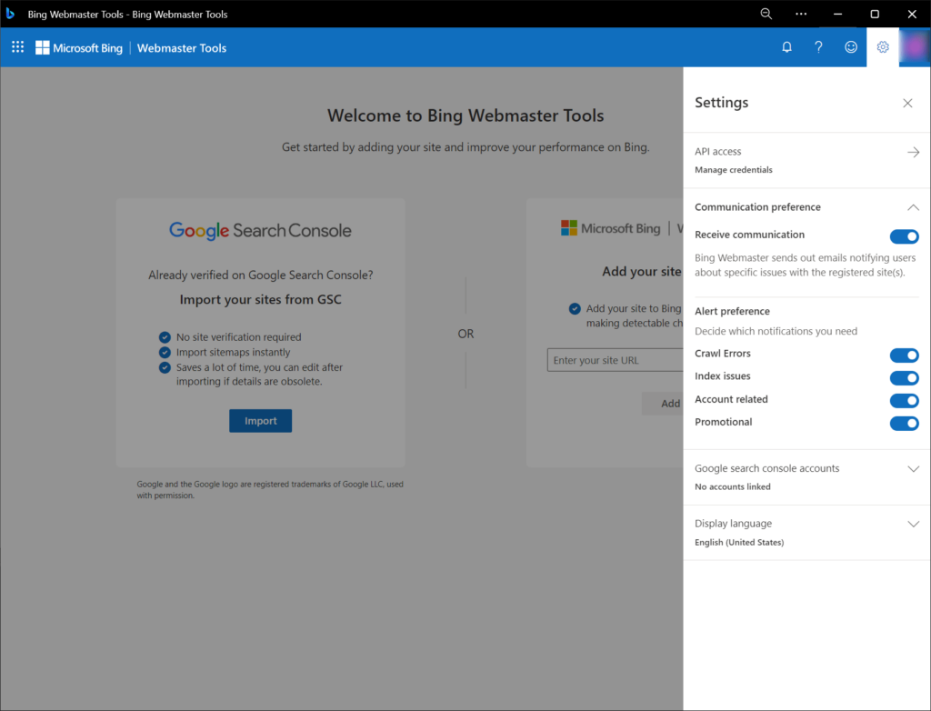 Bing Webmaster Tools Alert preferences