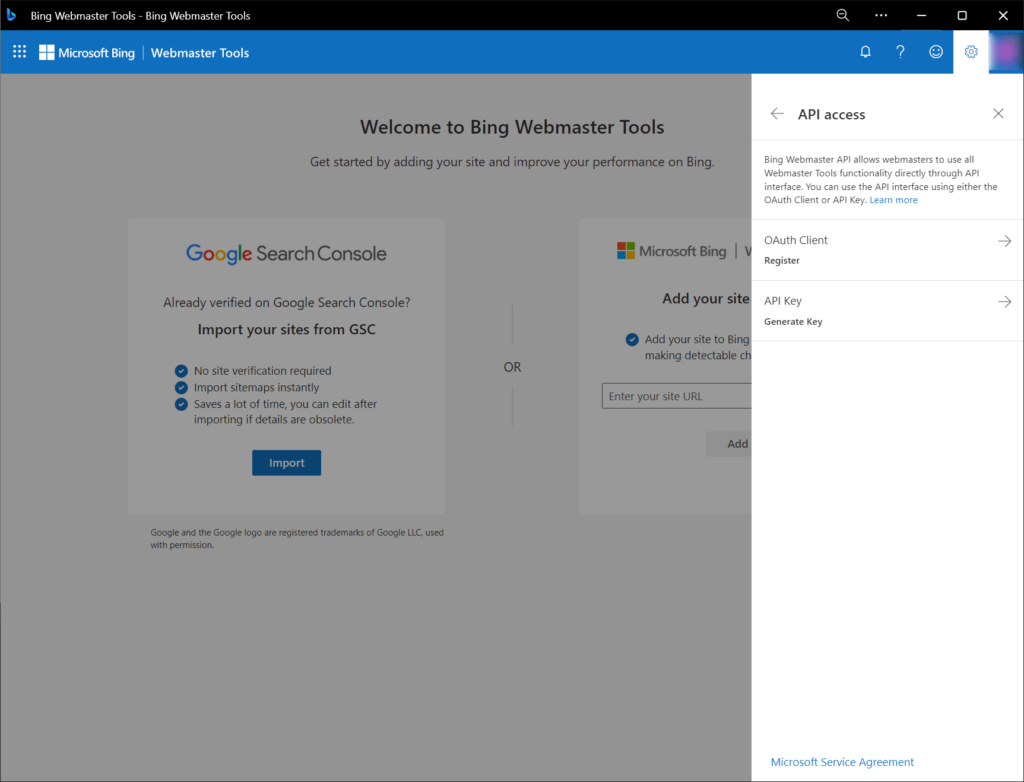 Bing Webmaster Tools API access settings