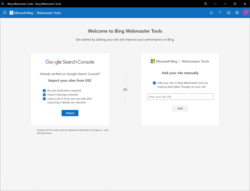 Bing Webmaster Tools Welcome page