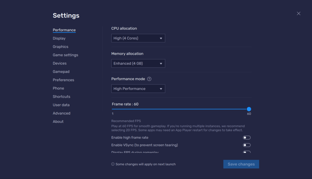 BlueStacks 5 Performance preferences