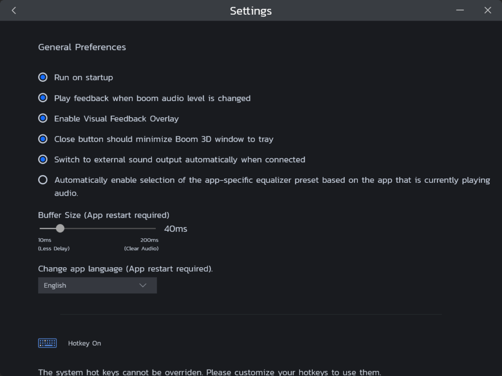 Boom 3D General preferences