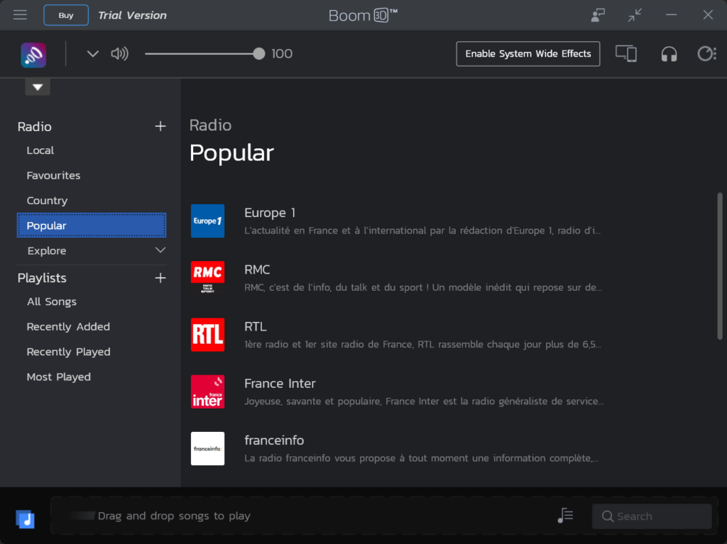 Boom 3D Popular radio stations