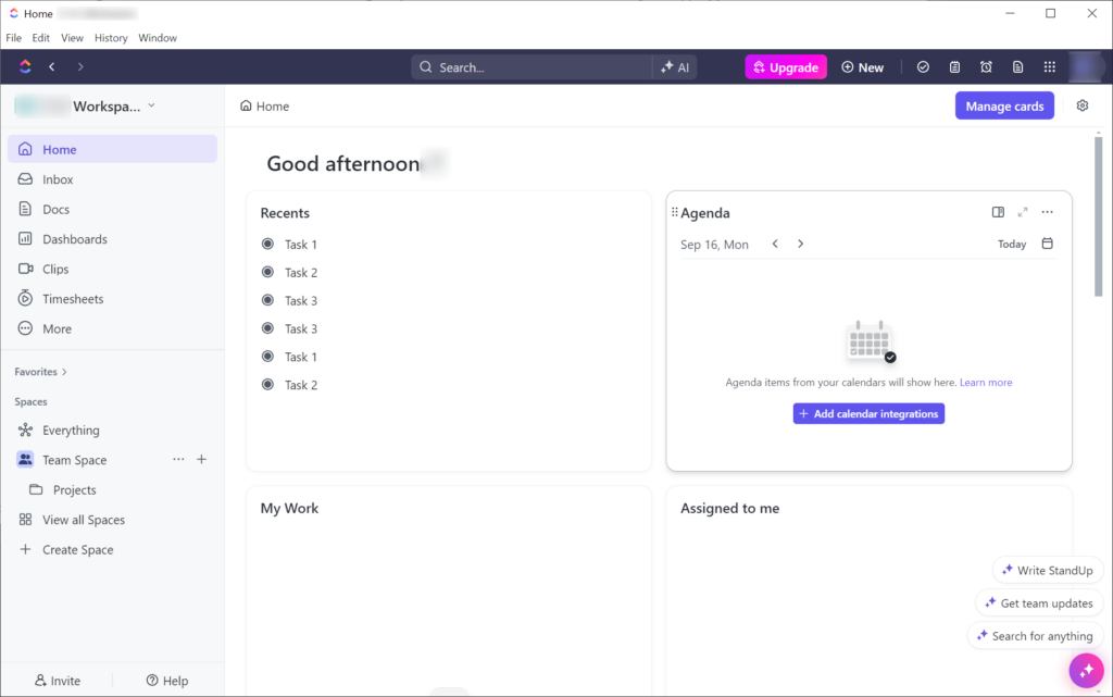ClickUp Home screen