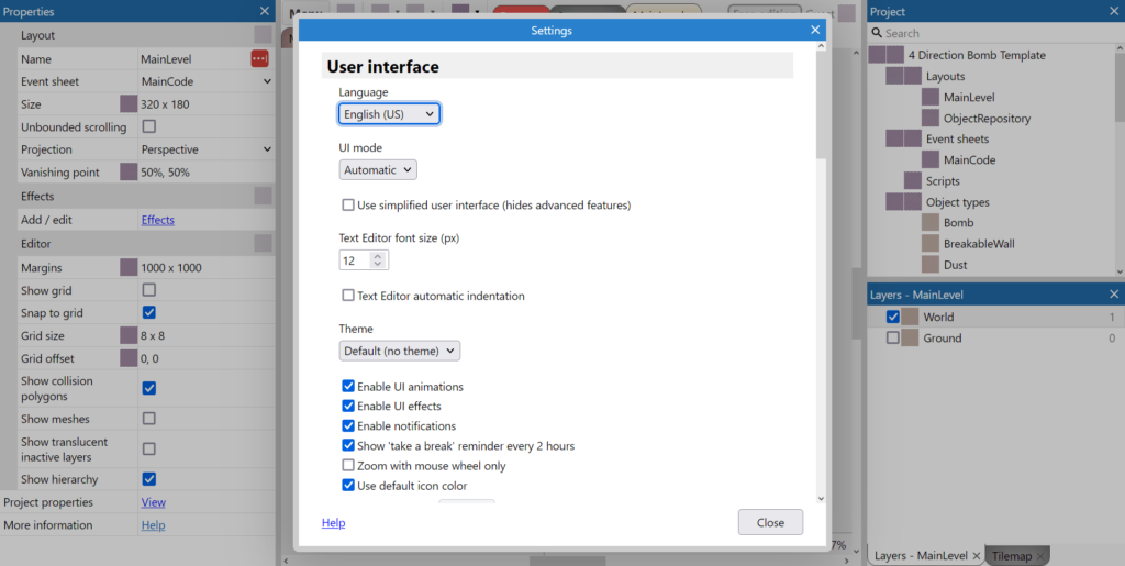 Construct 3 Interface parameters